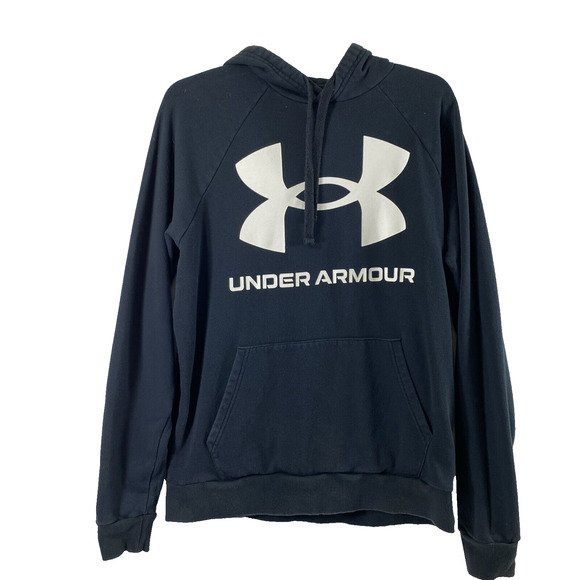 Under Armour‎ Hoodie Mens Medium Black White Kangaroo Pocket Pullover - Picture 1 of 8